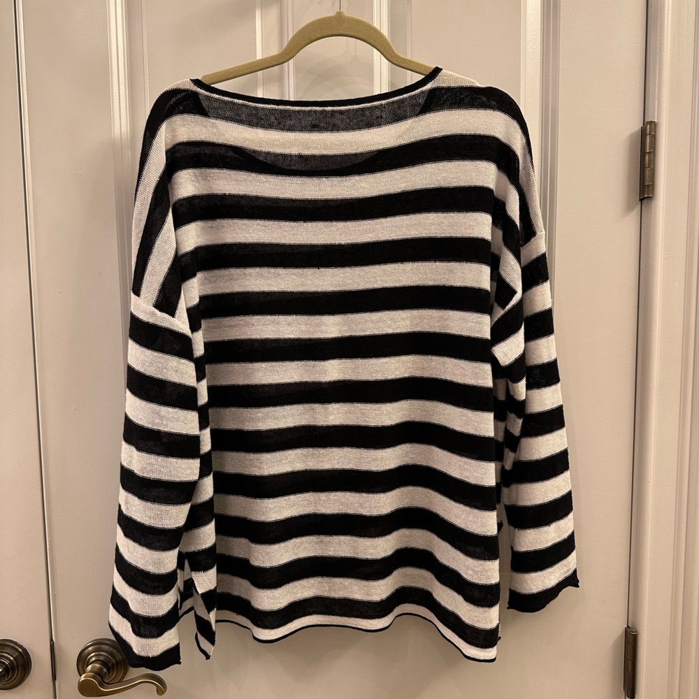 Eileen Fisher 100% Organic Linen Sweater in Black/White Stripe